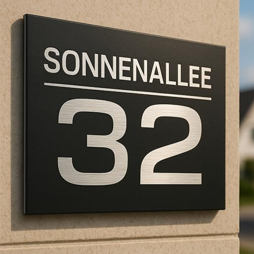Hausnummernschild Monaco von EDS-Werbemedien - Hochwertiges Hausnummer Schild in Edelstahl-Design - Individuell personalisierbares Haus Nummernschild aus UV- und witterungsbeständigem Material