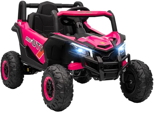 AIYAPLAY Coche Eléctrico para Niños 12V, UTV con 2 Motores, Control Remoto 2.4G, Velocidad hasta 7 km/h, Sistema de Suspensión, Faros, USB, para Niños de +3 Años, Rosa
