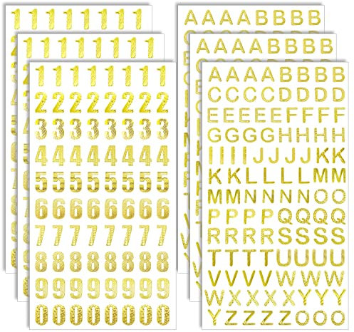 BLMHTWO 6 ark gyllene bokstavsklistermärken gyllene siffror klistermärken gyllene alfabet nummer metalliskt självhäftande glitter bokstäver och siffror klistermärken för gör-det-själv