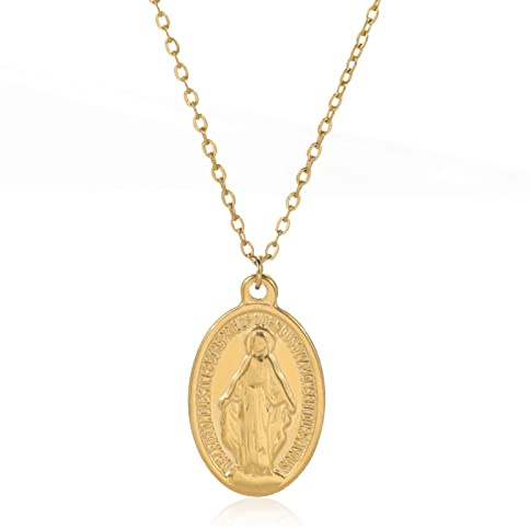 kkjoy Collar con colgante de medalla milagrosa de acero inoxidable con forma ovalada de Virgen María, joyería religiosa, regalo de bautizo