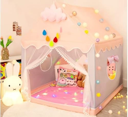 Tienda de campaña para niños con luces de estrella, tienda de campaña infantil para niñas, con luces esféricas y adornos en nubes, 120 x 110 x 130 cm