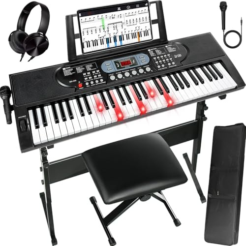 Tangentbord piano 61 tangenter pianotangentbord elektriskt piano barn bärbart tangentbord piano för nybörjare med pianobänk stativ klistermärken mikrofon upplyst tangentbord LED-skärm musikstativ