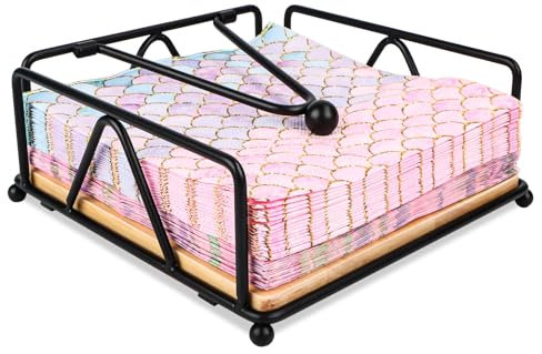 Fonyet Metal Serviettenhalter Schwarz mit Holzsockel, Serviettenständer mit Gewichteter, 17,8 x 17,8 x 6,8 cm Modern Servietten Halterung für Tische, Essen, Küche, Restaurant, Picknick (Schwarz)