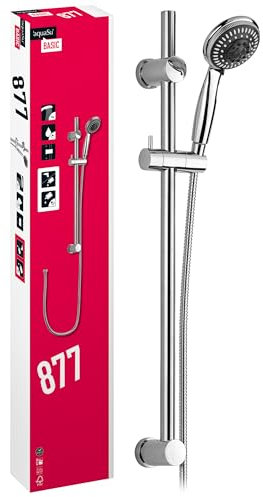'aquaSu® Basic Duschset 877, Duschkopf: 5 Strahlarten, 10 cm Sprayplatte, 150 cm Metall-Brauseschlauch, 65 cm Duschstange, Gleiter, Antikalk-Noppen, variable Wandbefestigung, 727877