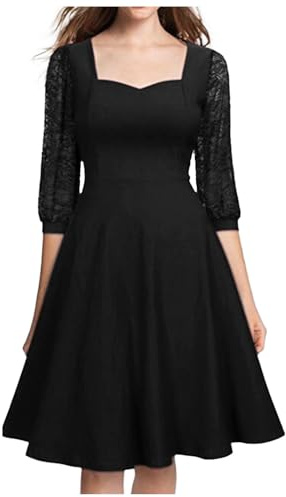 Robe formelle pour femme - Manches 3/4 - Robe de cocktail et de soirée trapèze - Longueur genou - Robe d'invitée de mariage, Noir , XL