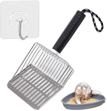 LunarCharm Pala para Arena de Gatos con Gancho de Acero Inoxidable, Resistente y Duradera, tamiz de Acero Inoxidable, para Caja de Arena para Gatos