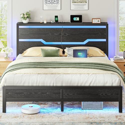 Homkdom Bed Frame Queen Size with Headboard and Storage, Queen Platform Bed Frame with LED Lights & Charging Station,Metal Queen Frame Heavy Duty,No Box Spring Needed, No Noise,Modern Black