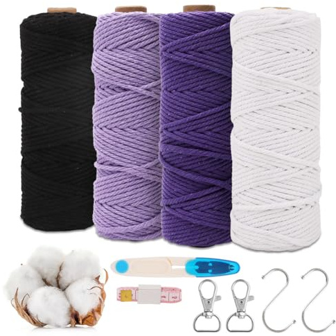 RANJIMA Hilo para macramé, cordón de macramé de 3 mm, set de 4 hilos para macramé, para manualidades DIY, tejido, decoración, revestimiento de paredes, cortina de puerta, colgador de flores, colgador