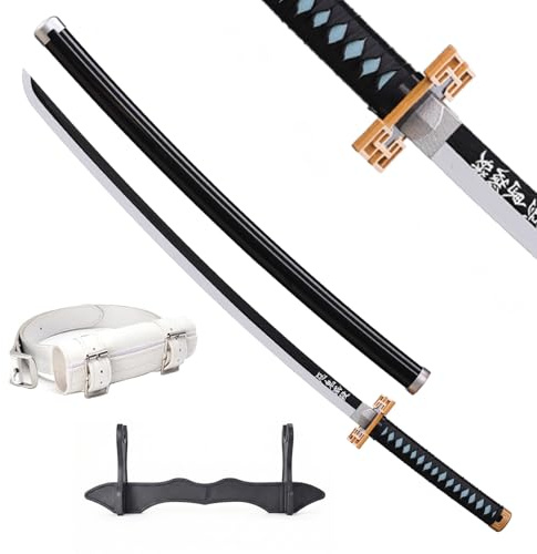 Wah Shing Yuen Demo Schwertde Anime(Tokitou Muichirou), Hoja de Bambú Sin Filo, 102 cm, con Vaina Negra, Soporte y Cinturón Blanco, para Cosplay