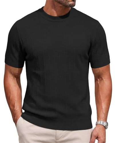 Focixfor Mens Knitted T Shirt Short Sleeve Summer Crew Neck Striped Ribbed Casual Golf UK Shirts