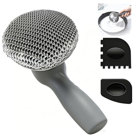 Estropajo para Sartenes de Hierro Fundido, Limpiador de Anillos de Hierro Fundido, Limpiador de Ollas con Mango Largo y 2 Rascadores para Parrillas para Parrillas, Ollas, Sartenes y Vajilla (Gris)