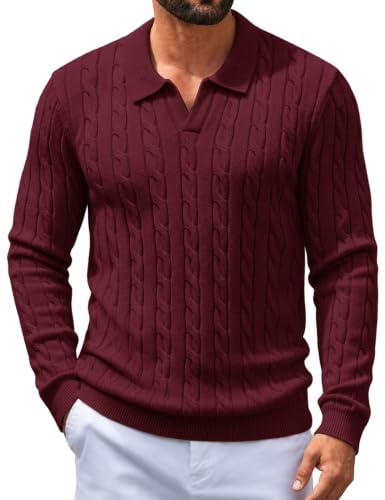 COOFANDY Mens Polo Jumpers Long Sleeve Polo Shirts Sweater Wine Red M