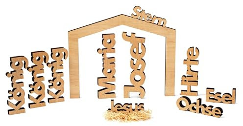 Dekobox Moderne Weihnachtskrippe 11 Teilig - Holz Ceiba Natur - puristisch, rustikal, exklusiv - Made in Tirol (XL)