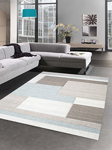 Moderner Teppich Kurzflor Wohnzimmerteppich Konturenschnitt Karo abstrakt pastell blau taupe Größe 60x110 cm