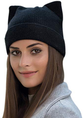 Yixda Damen Winter Strickmütze Warme Mode Beanie Mütze Katze Ohr Mütze (Schwarz)