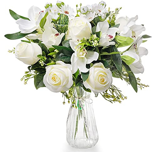 Love Bloom Fiori Finti per Decorazioni con Vaso Fiori - Rose Finte ed Orchidea Artificiale Sbocciate in Seta con Nastro Raso - Bouquet Fiori Artificiali per Decorazioni Matrimonio, Centrotavola, Feste
