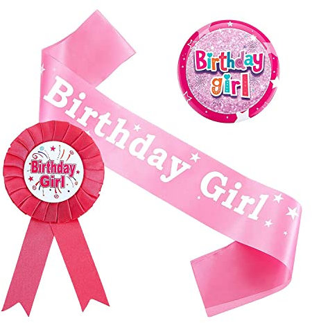 JZK Ensemble de décorations d'anniversaire rose pour fille, écharpe d'anniversaire pour fille, badge de ruban d'anniversaire et badge de récompense pour fille