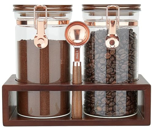 SIQOLNY Glass Coffee Container with Wooden Shelf, 2 x 40 FLOZ Coffee Bean Storage with Sealed Closure Clips and Copper Spoon, Kitchen Large Capacity Food Storage Jar, Ground Coffee Container
