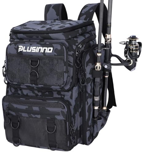 PLUSINNO Fishing Backpack with Rod Holders, 42L Large Water-Resistant Tackle Bag for Fishing, Camping, Hiking, Gifts - Black Camo