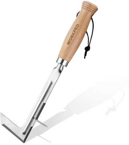 WORKPRO Estirpatore Erbacce Manuale da 30,5 cm con Manico in Legno, Attrezzo per Togliere Erbacce in INOX - Spatola Diserbante a Forma di L per Viali, Giardini, Terrazze, Pavimentazioni e Muschio