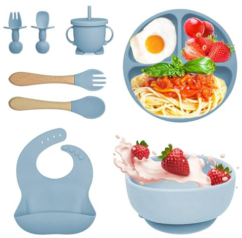 Bizcasa 8 Stück Silikon Baby Geschirrset, Rutschfest Kindergeschirr Set, Kindergeschirr mit Saugnapf, Rutschfest Baby Schüssel,Baby-Teller, Baby-Besteckset für Kleinkinder, BPA Frei (Blau)