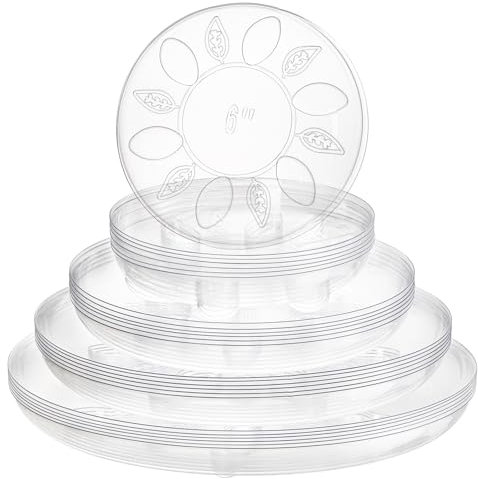 YOUEON 24 Pack Clear Plant Saucers with Feet, 15/20/25/30 cm Heavy Duty Plastic Plant Drip Trays, Flower Pot Trays, Plant Water Catcher Tray for Indoor & Outdoor Plants, Round, 4 Sizes