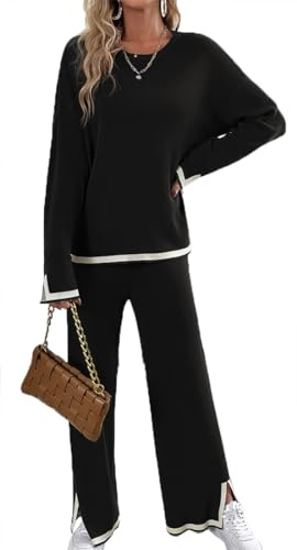 OLIPHEE Conjunto de Punto 2 Piezas Mangas Largas Chic y Elegante Jersey Mujer + Pantalón de Pierna Ancha Chándal Mujer Ropa Deportiva Casual Holgado Moda A-Negro M