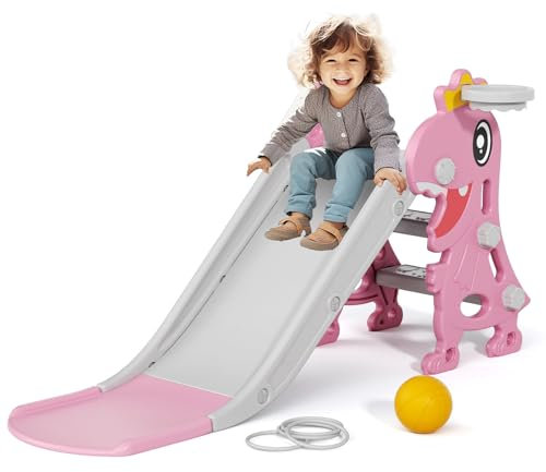 KORIMEFA Baby Slide Indoor/Outdoor Kids Toddlers Climber Freestanding Slides Climbing Frame for Ages 18-36 Months Playset with Basketball Hoop and Ring Toss Dinosaur Design(Pink)
