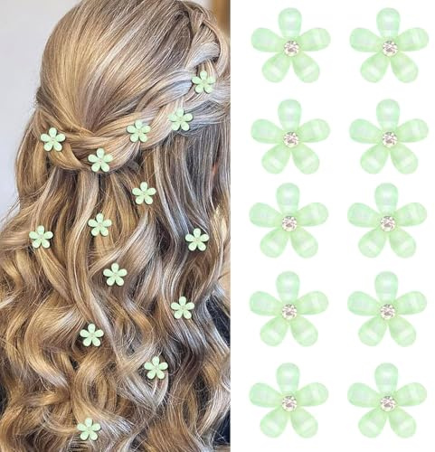 Mezrkuwr Lot de 10 mini épingles à cheveux vertes avec strass, jolies épingles à cheveux florales, tendons de ciseaux de mariage décoratifs, accessoires de cheveux floraux