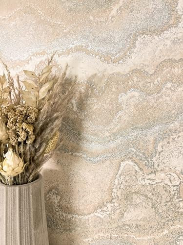 Newroom Papier peint Beige Marbre Intissé - Moderne Crème Argent Métallique Texture Optique 3D