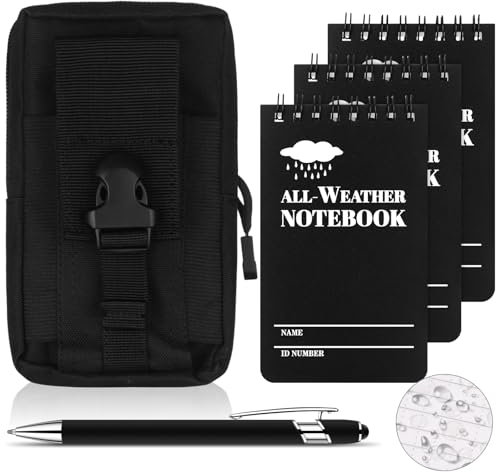 HAOWANWW Wasserdichtes Notizblock, Stifte-Set, wasserdichtes Notizbuch, Mini-Spiralnotizbuch, Allwetter-Steinpapier, schwarzer Einband, Taschennotizblock, taktische Steno-Block mit Raster für