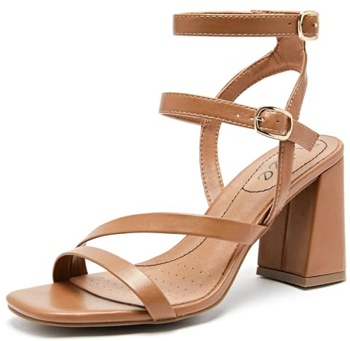 Ruiee Women's Heels Chunky Heeled Sandals - Ankle Strappy Dressy Pump Blcok Heels Square Open Toe Wedding Party Shoes for Women.2408092 Tan Size7