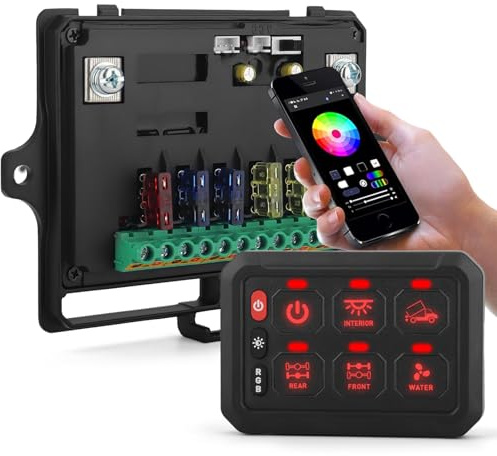Bluetooth-fjärrkontrollpanel Chelhead 6-vägs, multifunktionell stroboskopisk dimbar bakgrundsbelyst RGB-brytarpanel, kompatibel med lastbil och båt