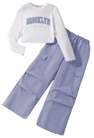 SoLu DAY8 Tracksuit Set Kids Girls Long Sleeve Pullover Sweatshirt and Cargo Pants Outfits Sets for Girls Fashion Spring Comfy School Casual Athletic Sport Streetwear 7-12 Years (Purple, 11-12 Years)