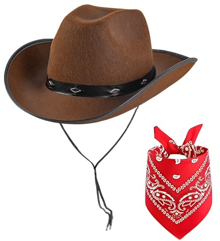 Western Cowboy Hat Cowgirl Costume Set with Bandana Cowboy Hat Fancy Dress Accessory for Birthday Halloween Bachelor Party Bachelorette Cosplay