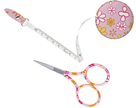The Quilted Bear - Flower Print 3.5 Embroidery Scissors & Flower Retractable Tape Measure with Double Sided Metric & Imperial Measuring Tape for Sewing, Tailors or as a Body Measuring Tape 150cm/60