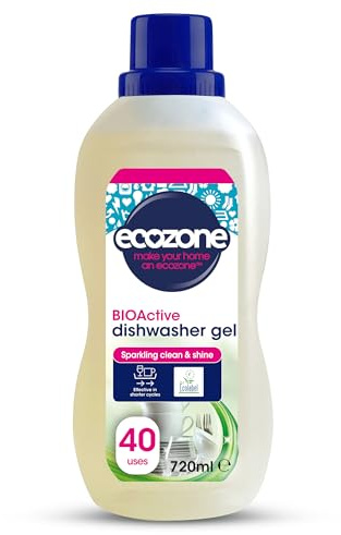 Ecozone BIOActive Dishwasher Gel, Dishwasher Detergent with Rinse Aid & Glass Protection, 40 Washes, Cleans & Shines, Fast Dissolving & Vegan Friendly, Eco Conscious Natural Cleaning Products - 720ml