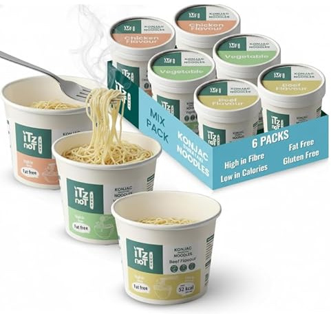 ITz noT JUST Shirataki Noodles Combo Pack 150g (Pack of 6) – Beef, Chicken & Vegetable Flavours | Low Calorie, High Fibre, Gluten-Free, Low Carb, Instant Healthy Ready to Eat Konjac Cup Noodles