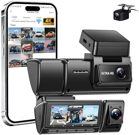 4K 3-kanal Dashcam Auto Vorne Hinten 4K 1080P+1080P, 200° Ultraweitwinkel Dash Cam med 64 GB SD-kort, 3,16 tum IPS-display, WDR-Nachtsicht (4 IR-LEDs), G-Sensor, Loop-Aufnahme, parküberwacht ung,wifi