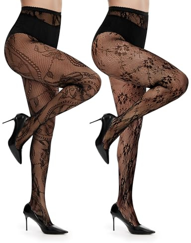 Kiiwah 2 Paia Collant Donna Fantasia, Elastico Calze Pizzo, Collant Donna Particolari con Motivo Floreale, Calze a Rete Sexydonna Hot Vita Alta per Carnevale Halloween Club Feste Data