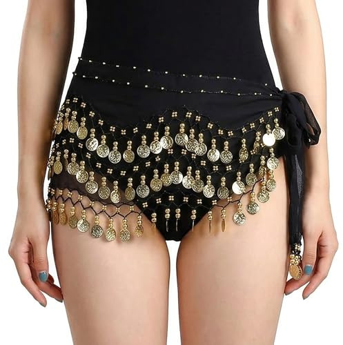 hankousi 1Pcs Belly Dance Hip Scarf, Chiffon Coin Belt with 98 Metallic Coins for Oriental Dance Performance & Costume(Black)