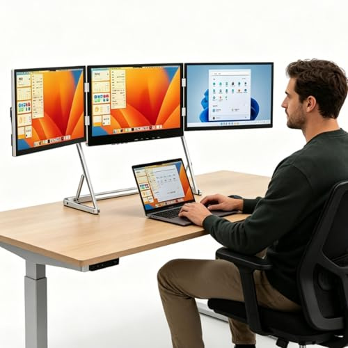 Förlängd skärm for bärbar dator, Triple Laptop Monitor Extender, 15,6 tums bärbara skärmar, Portable Triple Monitor Screen Extender med justerbart stativ(Silver)