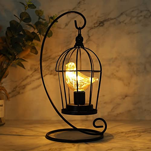 JHY DESIGN Birdcage Style Decorative Table Lamp 31cm High Battery Operated Accent Cordless Lantern Lighting with Warm Fairy Lights Bird Bulb for Living Room Bedroom Kitchen Wedding Outdoor (Black)