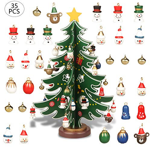 YiYa Mini Holz Tischplatte Weihnachtsbaum Weihnachtsspielzeug Set mit 30 Mini Weihnachtsschmuck und 1 Stern Baumkrone für Weihnachtsdekoration Tischdekoration (L)