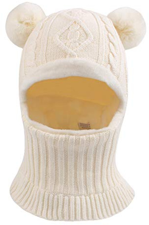 XIAOHAWANG Winter Warm Baby Hood Hats Kids Knit Earflap Caps Fleece Lining Hat Scarf for Toddler Boys Girls (White Pompom, M)