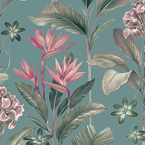 Oliana Teal Wallpaper Green Blue Pink Floral Tropical