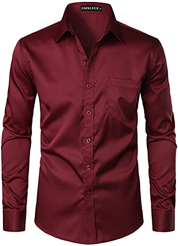 PARKLEES - Camisa de vestir de manga larga para hombre, estilo urbano, casual, negocios, ajustada, con botones y bolsillo, granate, L