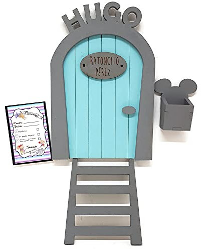 Puerta Ratoncito Pérez azul de madera,con escalera,buzón y certificado. Producto artesanal hecho en España (Azul Personalizada)