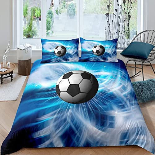 LUYAPOND Parure de Lit 160x200 Ballon de Foot Bleu, Parure de Lit 2 Pièces avec Housse de Couette et 1 Taie d'oreiller 65x65 cm pour Enfant Ado