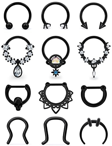 Vsnnsns 16G Septum Rings Piercing Jewelry 316L Stainless Surgical Steel Skull Flower Dangle Clicker Horseshoe Septum Nose Rings Hoop Piercing Jewelry for Women Men 16 Gauge Black 10mm Hypoallergenic